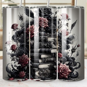 Gotische rozen en boeken digitale beker wrap, donkere fantasie bloemsierkunst, romantiek, png-bestand voor 20oz magere bekers
