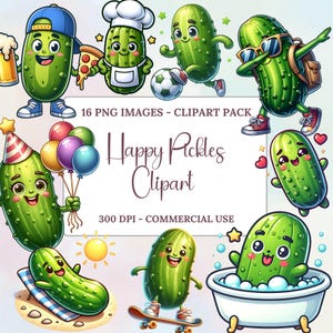 Happy Pickles Clipart, Digital Clipart, Kawaii Food Art, Cartoon Vegetables, Party Pickles, Commercial Use Clip Art, Cute Pickle Watercolor,