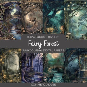 Enchanted Fairy Forest Junk Journal Digital Paper, 8 Digital Journal Pages, Magical Mystery, Fairy, Mystical Scene, Crafting