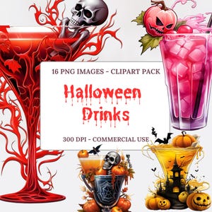 HALLOWEEN COCKTAILS Watercolour Clipart. Scary Drinks. PNG