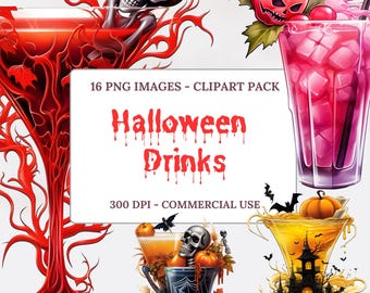 Clipart di cocktail di Halloween, Clip art di cocktail spaventosi, Bevande acquerello di zucca inquietante, Illustrazione di bevanda alcolica spettrale, Download immediato