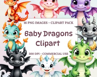 Imágenes prediseñadas de dragones bebés, lindo dragón PNG, criaturas fantásticas, imágenes prediseñadas digitales, uso comercial, gráficos de sublimación, arte de dragón en acuarela
