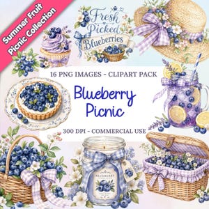 May include: A digital clipart pack featuring a blueberry picnic theme. The image includes illustrations of a cupcake, tart, basket, jar, and candle, all adorned with blueberries and floral accents. Text includes "Fresh Picked Blueberries" and "Blueberry Picnic".