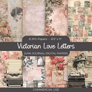 Vintage Victorian Love Letters Junk Journal Cyfrowy papier, 8 stron cyfrowego dziennika, do druku papier do tworzenia ulotnych rzeczy, arkusz kolażu 8,5" x 11"