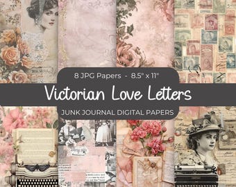 Vintage Victorian Love Letters Junk Journal Digital Paper, 8 Digital Journal Pages, Printable Ephemera Paper Craft, Collage Sheet 8.5" x 11"