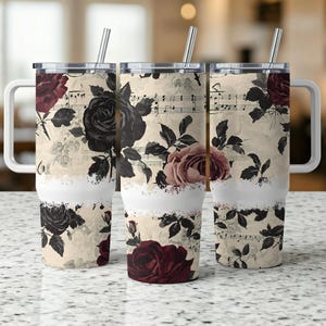 Gothic Floral Music Notes Tumbler Wrap, 40oz Cup Wrap, Roses and Sheet Music Tumbler, Gift for Music Lovers, Vintage Floral Drinkware