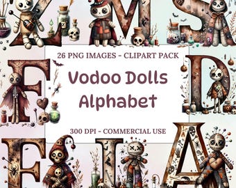 Voodoo Doll Alphabet Clipart, Halloween Letters, Gothic Font Digital Art, Scrapbooking, Commercial Use, Watercolor, Instant Download, PNG