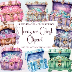 Vintage treasure chest clipart, Watercolor open treasure chest with jewels, Pirate loot chest illustration, Fantasy treasures graphic