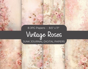 Vintage Roses Junk Journal Digital Paper, 8 Digital Journal Pages, Printable Ephemera Paper Craft, Collage Sheet 8.5" x 11"
