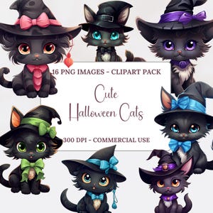 Halloween Cats Clipart Bundle, Cute Spooky Cats PNG, Kitten Graphics, Paper Crafts, Junk Journal, Commercial Use