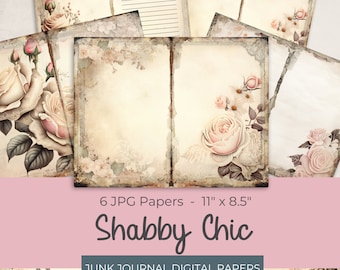 Shabby Chic Junk Journal Digital Paper, 6 Digital Journal Pages, Printable Ephemera Paper Craft, Collage Sheet 11" x 8.5"