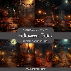 Halloween Trails Backdrop, Dark Scary House Scene, Halloween Background, Haunted Junk Journal Papers, Spooky Pages, Digital Paper