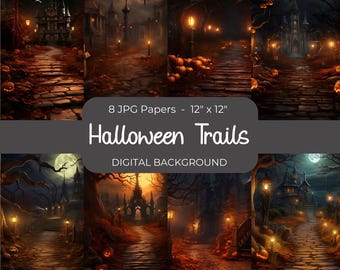 Halloween Trails Backdrop, Dark Scary House Scene, Halloween Background, Haunted Junk Journal Papers, Spooky Pages, Digital Paper