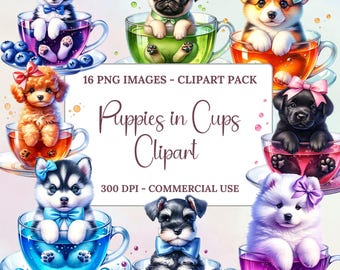 Puppies in Cups Digital Clipart, Cute Dog Breeds PNG, Puppy Art for Stickers, Invitations, 300 DPI, Commercial Use Clipart Watercolor