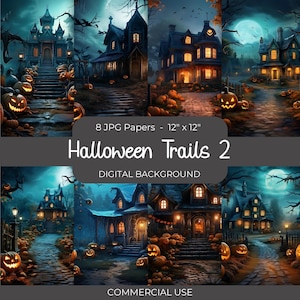 Halloween Trails 2 Backdrop, Dark Scary House Scene, Halloween Background, Haunted Junk Journal Papers, Spooky Pages, Digital Paper