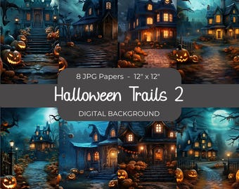 Halloween Trails 2 Backdrop, Dark Scary House Scene, Halloween Background, Haunted Junk Journal Papers, Spooky Pages, Digital Paper