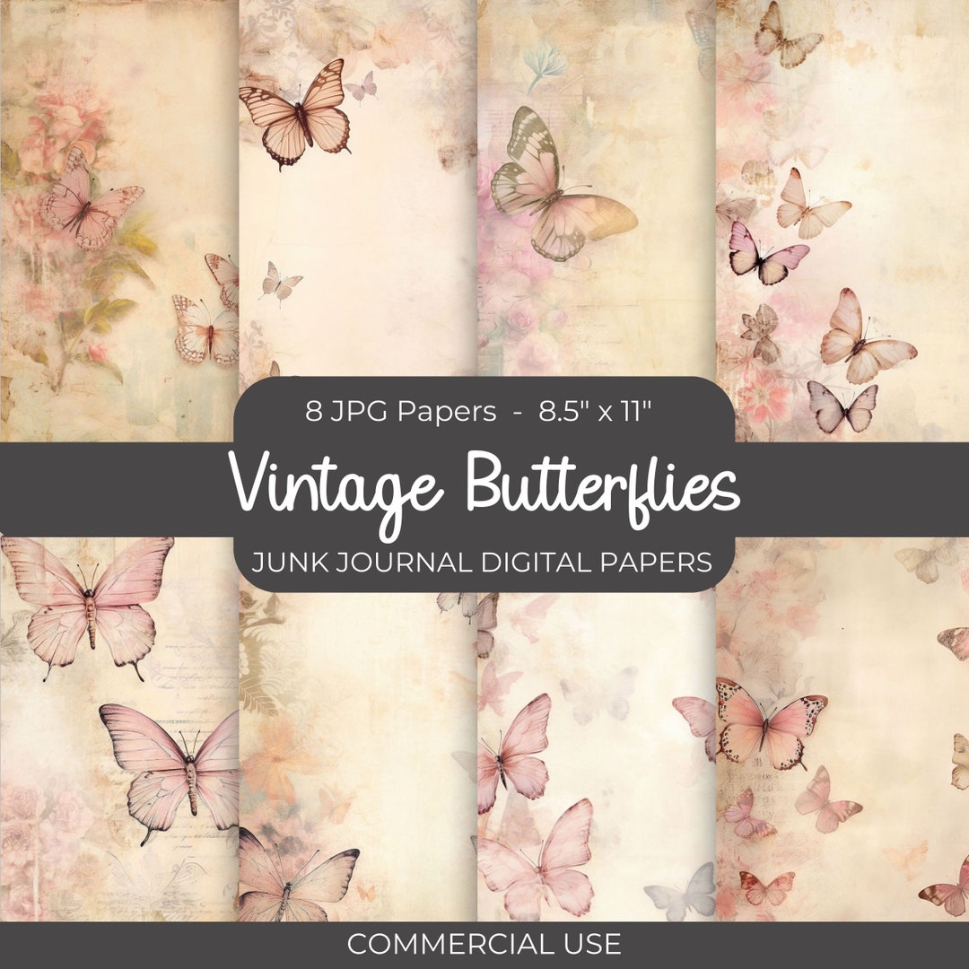 Vintage Butterflies Junk Journal Digital Paper, 8 Digital Journal Pages ...