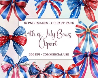 4th of July Bows Clipart PNG, Patriotic Shirt Design, Red White Blue Bows, Digital Download, Commercial Use Clipart Watercolor