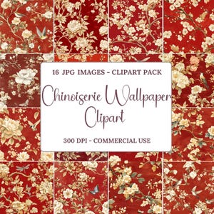Chinoiserie-tapet Clipart-paket, 16 JPG-bilder, kommersiellt bruk 300 DPI, vintageblommig orientalisk, digital nedladdning, röd bakgrund