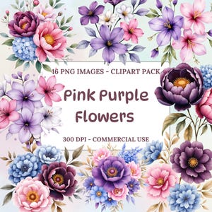 Pink Purple Flowers Clipart, Watercolor Floral PNG, Digital Flowers Set, Commercial Use Graphics, Flower Clipart Bundle, Watercolor