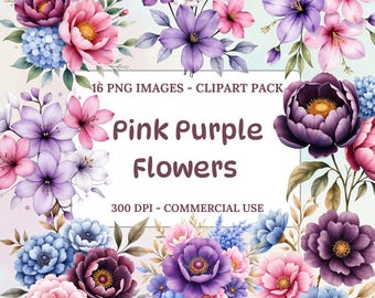 Pink Purple Flowers Clipart, Watercolor Floral PNG, Digital Flowers Set, Commercial Use Graphics, Flower Clipart Bundle, Watercolor