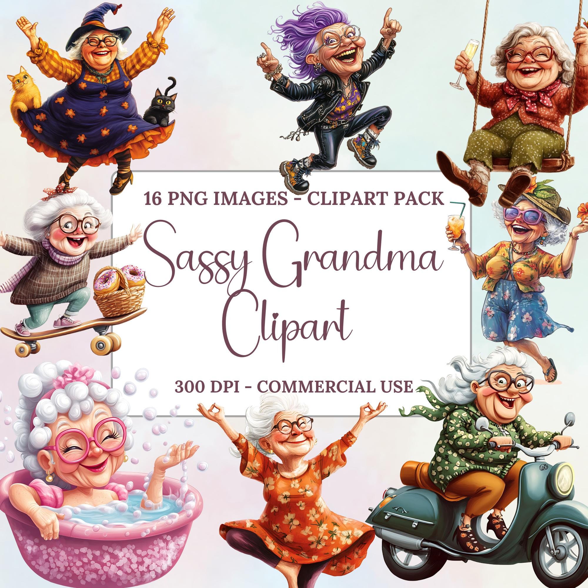 Sassy Grandma Clipart Pack, 16 PNG Images, High-quality Digital ...