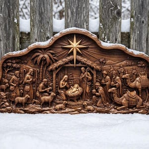 Puede incluir: Una placa de pared de madera tallada que representa una escena de natividad con una estrella central, figuras de María, José y el niño Jesús en un pesebre, acompañados por pastores, animales y los tres reyes magos con camellos.