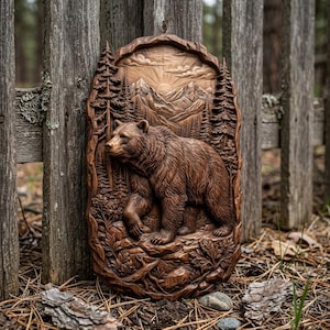 May include: A vertical, oval-shaped wooden wall plaque featuring a detailed relief carving of a bear walking through a forest. The scene includes tall pine trees, rocky terrain, and a mountain range in the background under a sunburst design.