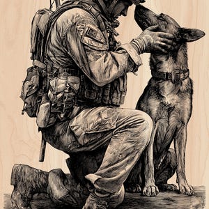 Peut inclure: Illustration en noir et blanc d'un soldat agenouillé, caressant un berger allemand. Le soldat porte un équipement de combat complet, et le chien porte un collier. L'œuvre évoque la camaraderie et la loyauté.