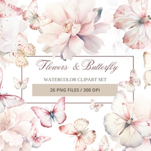 Schmetterling & Blumen Aquarell Clipart, rosa und weiß botanische PNG, Frühlings-Hochzeitseinladung, Scrapbooking, femininer Planer, Instant