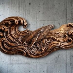 May include: A brown wooden wall carving featuring a humpback whale breaching through stylized ocean waves. The detailed relief sculpture depicts the whale emerging from swirling water with a small sun visible on the horizon line to the right side.