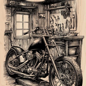 May include: A monochrome illustration of a custom motorcycle in a workshop setting. The motorcycle has a large front wheel, high handlebars, and a detailed engine. The workshop includes tools, a workbench, and a hanging lamp, giving a vintage feel.