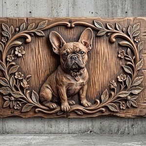 May include: A rectangular wooden wall plaque featuring a high-relief carving of a French Bulldog sitting in the center. The dog wears a collar with a heart-shaped tag. The scene is framed by an intricate border of carved leaves and small flowers.