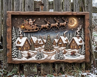 Könnte beinhalten: Eine rechteckige Wandtafel aus Holz mit einer geschnitzten winterlichen Dorfszene, schneebedeckten Blockhütten, Tannen und einem zentralen Weihnachtsbaum. Darüber fliegt der Weihnachtsmann im Schlitten mit drei Rentieren vor einem goldenen Mond.