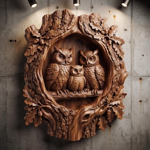 Può includere: Un intaglio in legno dettagliato che raffigura tre gufi appollaiati su un ramo all'interno di una cornice a forma di tronco d'albero cavo. La cornice è decorata con foglie di quercia e ghiande intagliate. La venatura del legno è visibile.