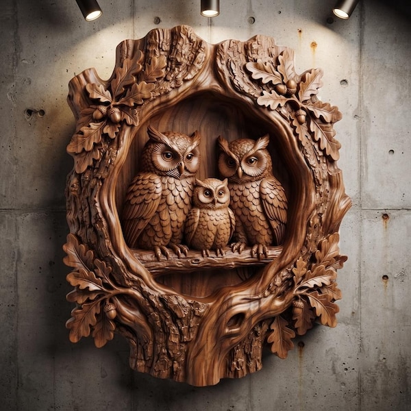 Archivo STL de relieve 3D hueco de trío de búhos anidando / Tallado CNC de vetas de madera de familia de búhos comunes / Impresión 3D y grabado láser STL