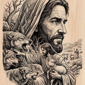 May include: Black and white illustration depicting a religious scene. A figure with a beard and long hair is shown with a lamb, surrounded by wolves. Another figure is shown in the background with sheep. The image has a wood grain background.