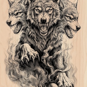 Puede incluir: Ilustración en blanco y negro de un lobo de tres cabezas, cada una gruñendo. La obra presenta texturas de pelaje detalladas, garras afiladas y una calavera en la base, sobre un fondo claro de vetas de madera.