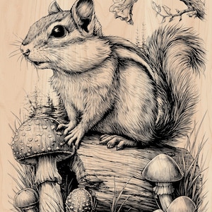 May include: A detailed black and white ink-style illustration on a light wood grain background featuring a chipmunk perched on a fallen log. The scene includes several mushrooms of varying sizes, blades of grass, and an oak branch with leaves.