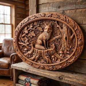 Peut inclure: Une plaque murale ovale en bois présentant une sculpture en relief détaillée d'un renard assis sur une souche d'arbre. La scène comprend des feuilles de chêne, des glands et des petits champignons, encadrés par une bordure de feuillage sculpté.