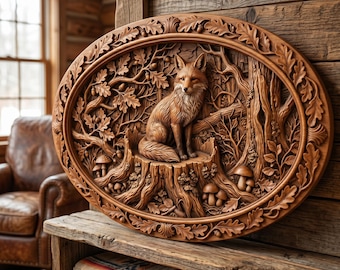 May include: An oval-shaped wooden wall plaque featuring a detailed relief carving of a fox sitting on a tree stump. The scene includes surrounding oak leaves, acorns, and small mushrooms, all framed by an intricate border of carved oak foliage.