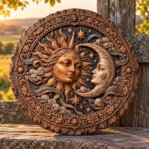May include: A circular wooden wall plaque featuring a detailed relief carving of a sun and moon face. The design includes swirling clouds, stars, and intricate border patterns. The natural wood grain is visible throughout the brown surface.