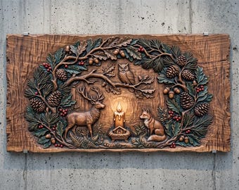 Könnte beinhalten: Eine rechteckige Wandplatte aus Holz mit einer detaillierten Reliefschnitzerei einer Waldszene. Das Motiv zeigt einen Hirsch, einen Fuchs, eine Eule, Tannenzapfen, Eicheln und Eichenblätter, die eine zentrale brennende Kerze umrahmen.