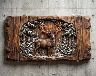 May include: A rectangular wooden wall carving featuring a relief of a deer standing in a snowy forest. The deer has large antlers adorned with a string of small, warm-toned fairy lights. The wood has a natural brown finish with textured edges.