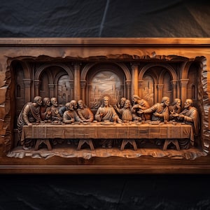 Archivo STL de relieve 3D de la Última Cena / Escena bíblica de Cristo y los apóstoles, tallado CNC con vetas de madera / Impresión 3D, grabado láser, archivo STL