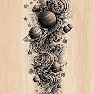 Peut inclure: Illustration en noir et blanc de planètes, d'étoiles et de lignes tourbillonnantes sur un fond clair en grain de bois. Le design présente des planètes avec des anneaux, des étoiles de tailles variées et une représentation stylisée de l'espace.