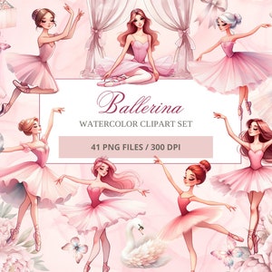 Ballerina Aquarell Clipart - Elegante Balletttänzer Illustrationen, bezaubernde rosa Blumenballerina, Schwanensee Kunst, kommerzielle Nutzung, PNG Dateien