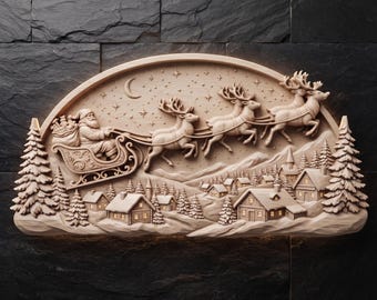 May include: A semi-circular light-colored wooden wall carving featuring a detailed relief of Santa Claus in a sleigh pulled by four reindeer flying over a snowy village with pine trees, a crescent moon, and stars in the night sky.