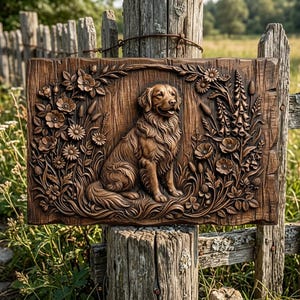 Könnte beinhalten: Eine rechteckige Wandtafel aus Holz mit einer detaillierten Reliefschnitzerei eines sitzenden Hundes, umgeben von komplexen floralen und botanischen Elementen, einschließlich Gänseblümchen und hohen Stängeln, alles in einer natürlichen braunen Holzmaserung.
