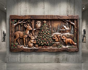 Könnte beinhalten: Ein rechteckiges Wandrelief aus Holz mit einer Waldszene, die einen geschmückten Weihnachtsbaum, einen Hirsch, einen Hasen, eine Eule, ein Eichhörnchen und einen Fuchs zeigt. Im Hintergrund ist eine kleine Hütte inmitten verschneiter Bäume zu sehen.